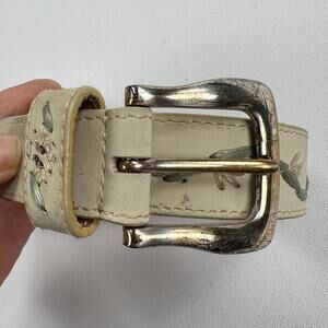 Fossil Cream Raffia Floral Embroidered Leather Belt Boho Size S